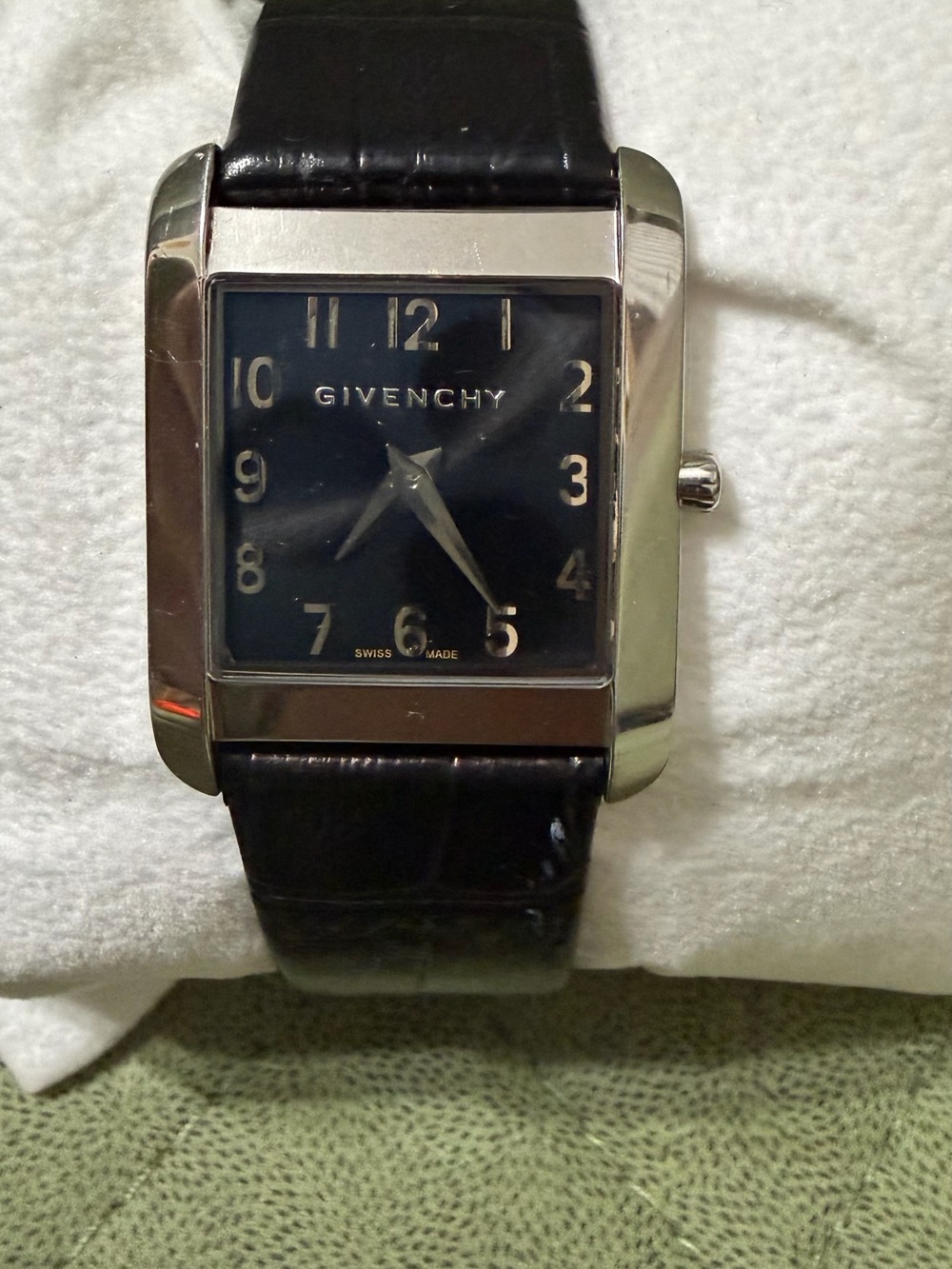 Givenchy Black Dial Silver Case Watch with Black Leather Strap